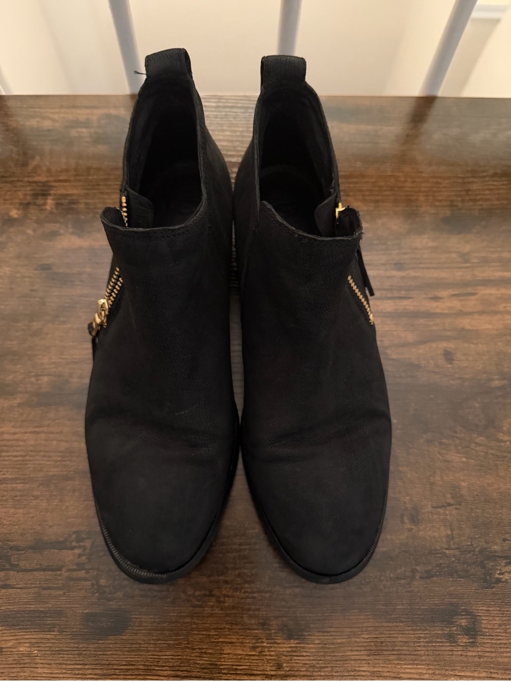 UGG Black Suede Ankle Booties with Gold Zippers